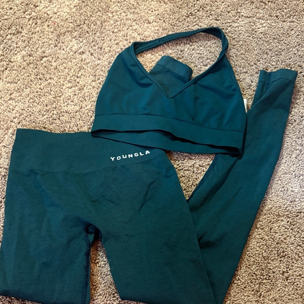 YoungLA Deep Teal Seamless Halter Sport Bra & Leggings Set